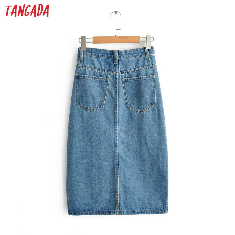  Tangada women sexy denim skirts 2019 korea fashion pocket lady mid calf skirt high waist vintage sk