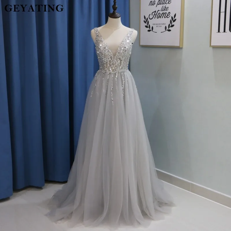 

Sliver Gray Open Back Prom Dresses Over Skirt Side Split Deep V Neck Crystal Beaded Party Dress 2019 Sequins Long Evening Gowns
