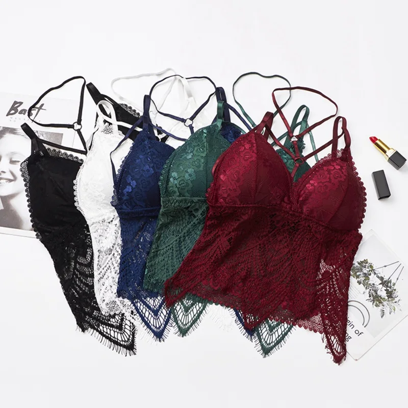 

Lace Embroidered Solid Color Triangle Cup Long Hem Halter Tube Top With Chest Pad New