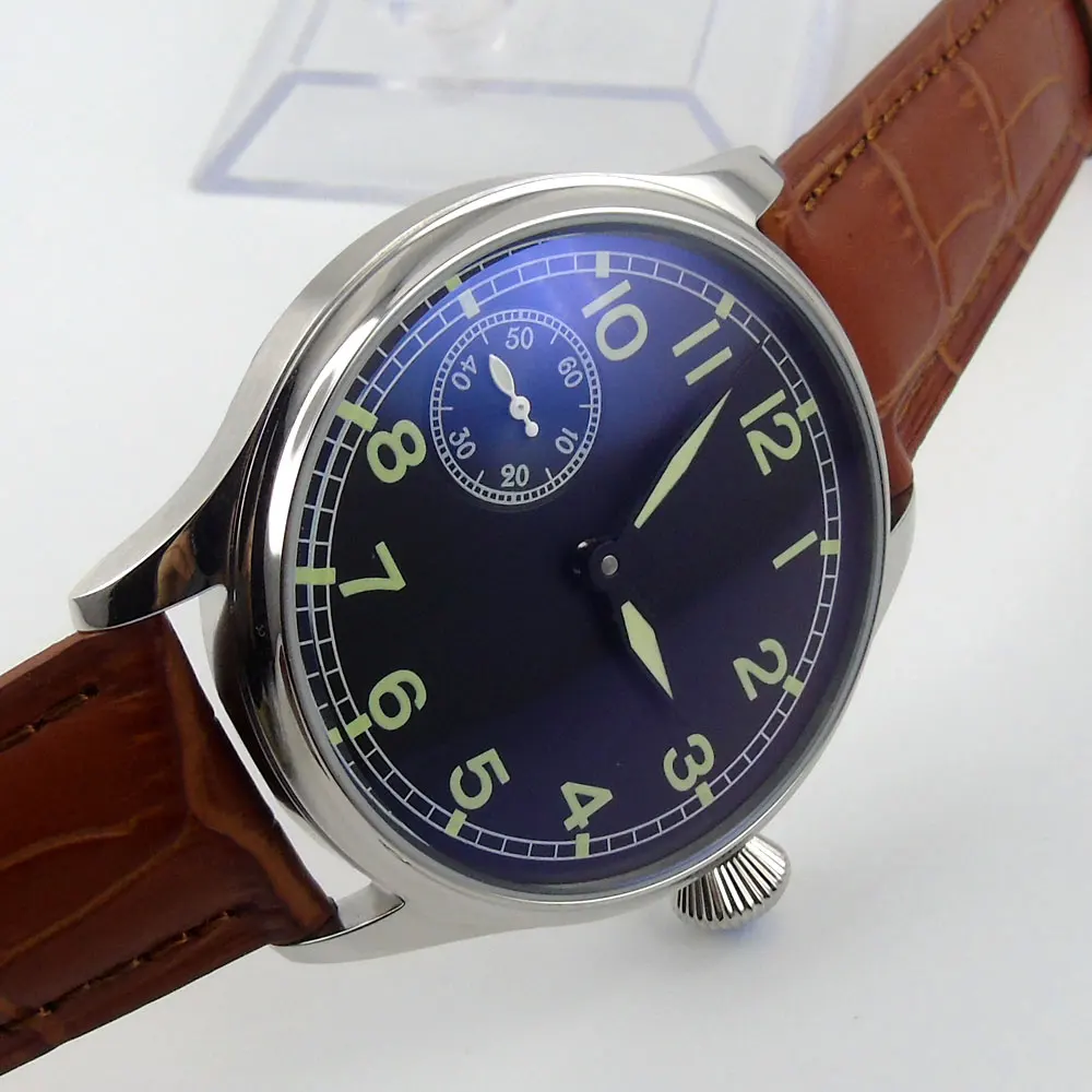 

Parnis 44mm 6497 hand winding Men's watch waterproof black sterial dial luminous leather strap P5