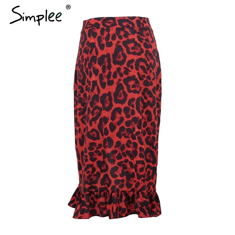 Женская красная леопардовая юбка-карандаш Simplee, привлекательная юбка с завышенной талией и рюшами для девочек, винтажная корейская миди юбка для осени и зимы