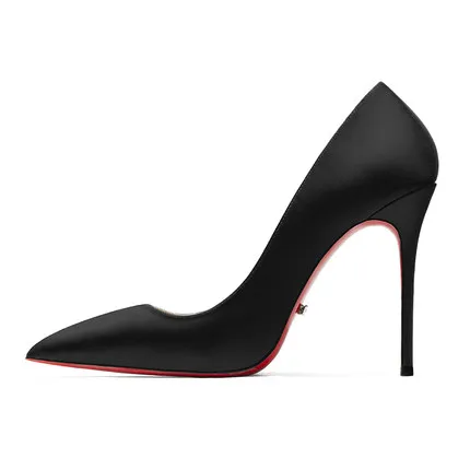 Качественные пикантные женские туфли-лодочки из шелкового атласа; туфли с красной подошвой; свадебные модельные туфли с острым закрытым носком на высоком тонком каблуке; туфли на шпильке - Цвет: black silk 10cm