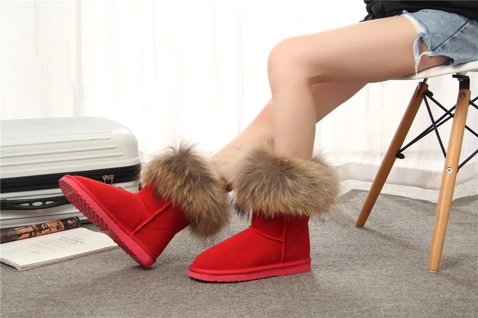 MBR FORCE Fashion Women's Natural Real fox Fur Snow Boots Genuine Cow Leather women Boots Female Warm Winter Boots Shoes