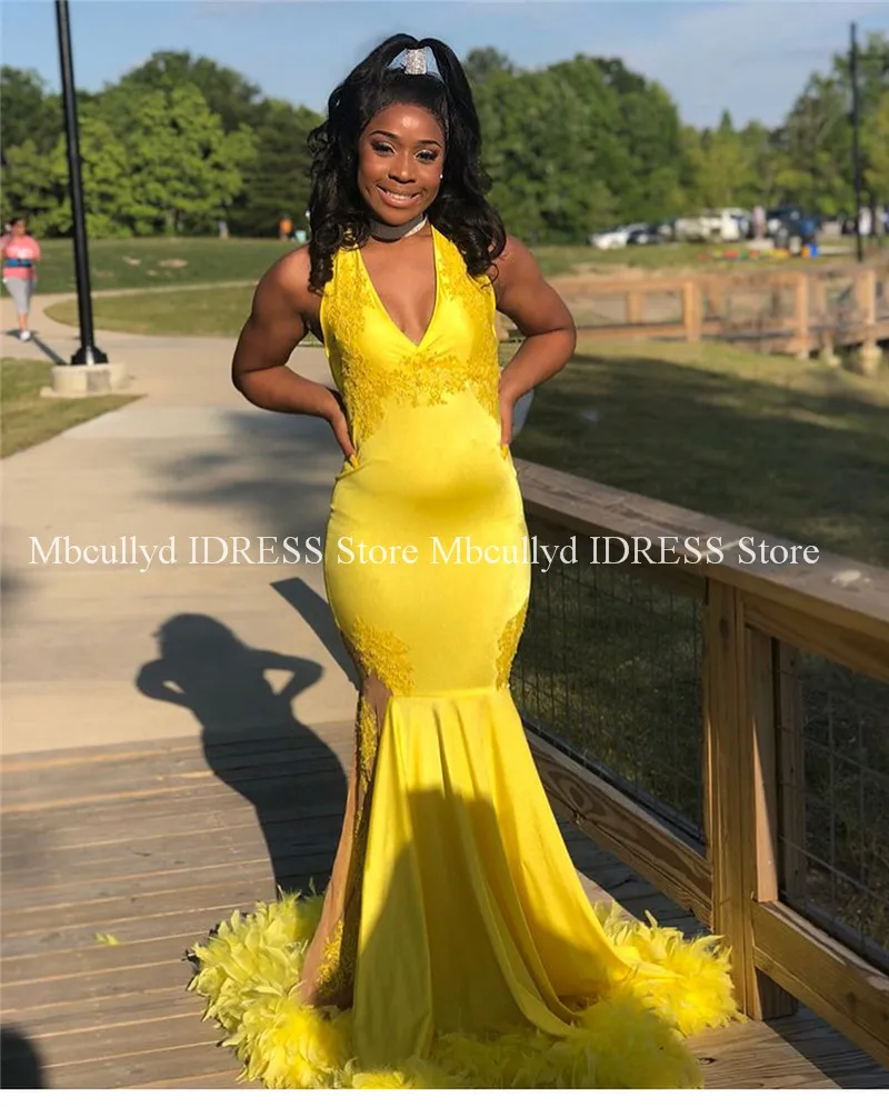 

Bright Yellow Mermaid Arabic Prom Dress With Luxury Feathers Turkey Evening Formal Gala Dresses Black Girls Robe de soiree 2019