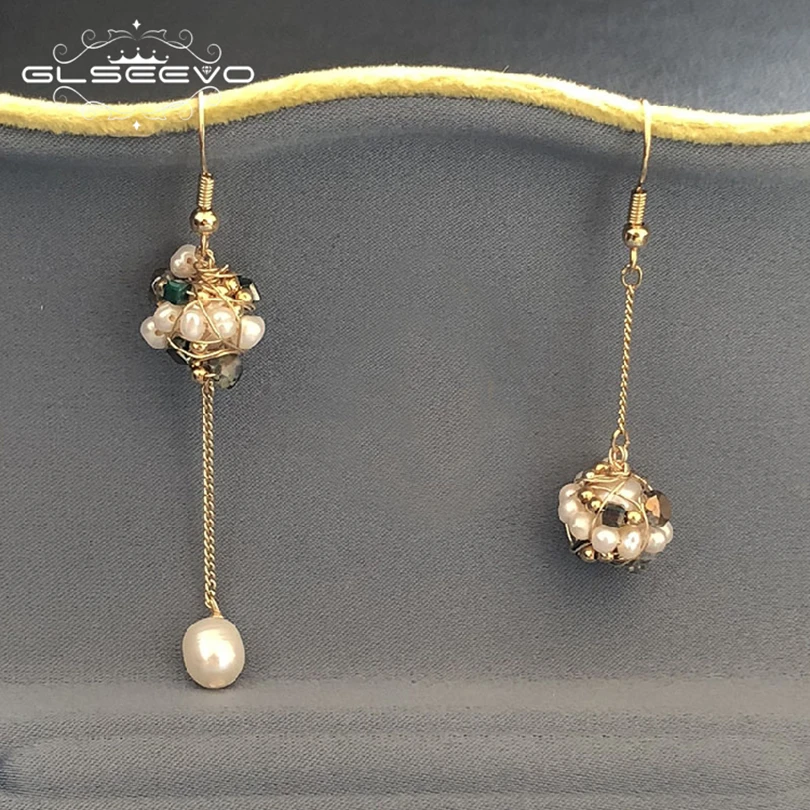

GLSEEVO Handmade Fresh Water White Pearl Drop Earring Asymmetrical Drop Earrings For Women Fine Jewellery GE0513