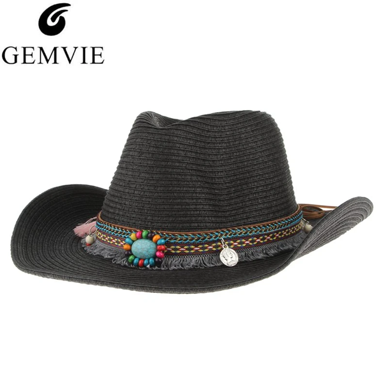 GEMVIE летняя Панама соломенная шляпа для женщин мужчин плетеная солома унисекс широкий с полями, солнце шляпа ретро ковбой шляпа Бохо стильный браслет пляжная шапка