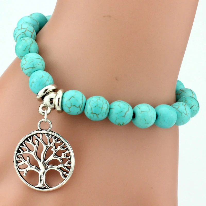 

Women Natural Stone Tree of Life Elephant Owl Pendant Bead Bracele Vintage Boho Charm Bracelets Bangles