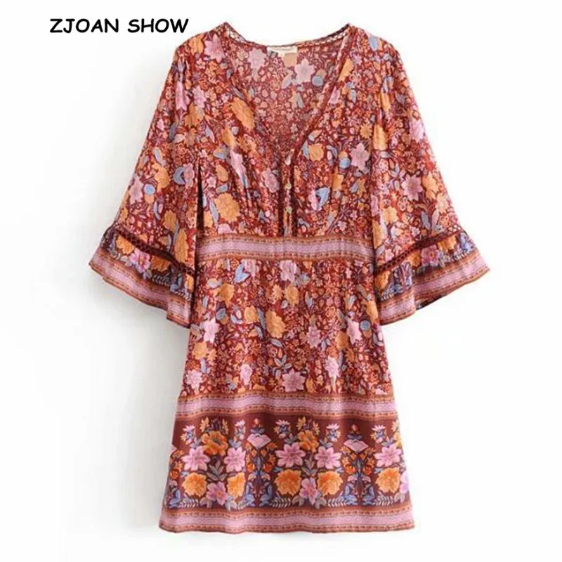 

2019 New Women Bohemian Orange Red Floral Print Mini Dress Spliced Hollow Out Lace V neck Flare Cuff Short Dresses Femme Vestido