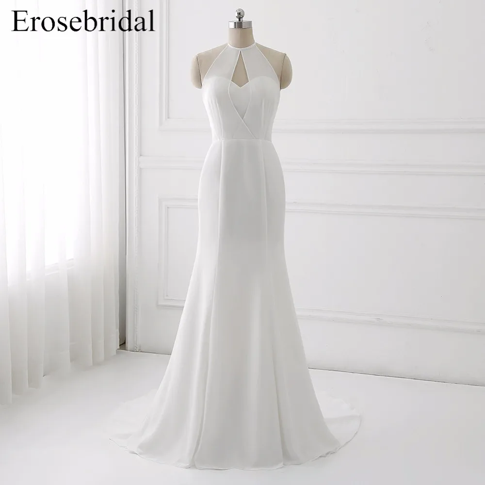 White Halter Wedding Dress Lace Mermaid Backless Bridal Gown