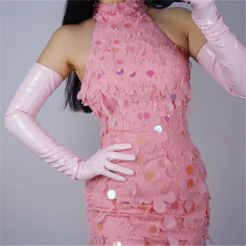 New Light Pink Patent Leather Woman's Gloves 70cm Over Opera PU Imitation Genuine Leather Gloves Female Mittens P41-2 New Light Pink Patent Leather Woman's Gloves 70cm Over Opera PU Imitation Genuine Leather Gloves Female Mittens P41-2