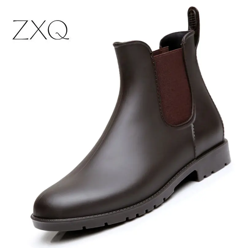 

New Designer PVC Men Boots 2019 Fashion Black Brown Slip On Waterproof Boots All Match Chelsea Boots Shoes Drop Shipping