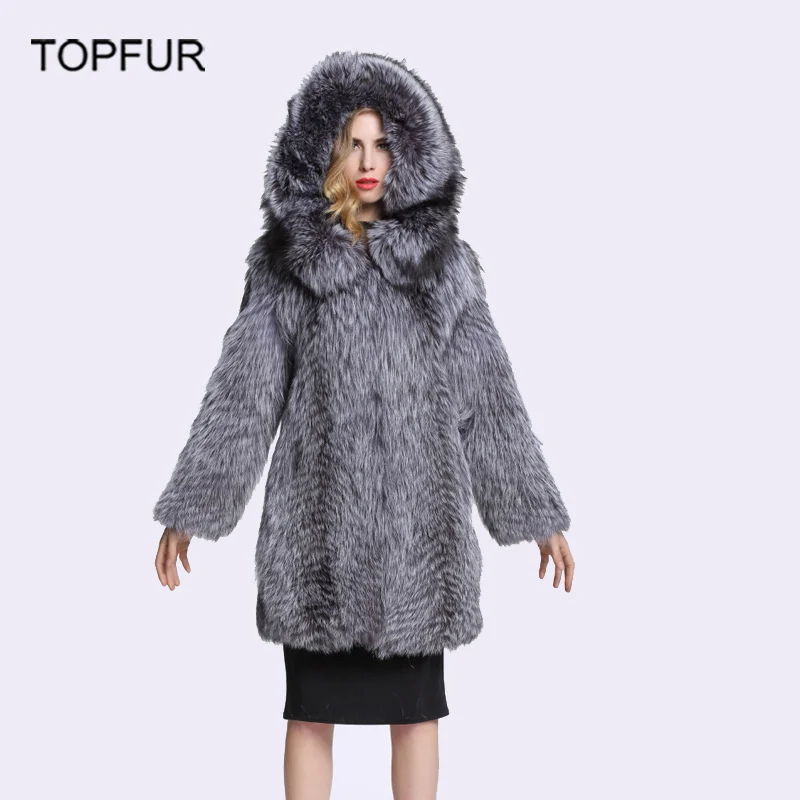 Женское меховое пальто TOPFUR цельное из натурального Меха чернобурки с меховым