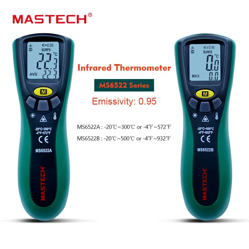 

MASTECH MS6522A/B handheld Digital thermometer gun -20C~300C/500C Laser Pointer Non-contact Infrared IR Thermometer 10:1