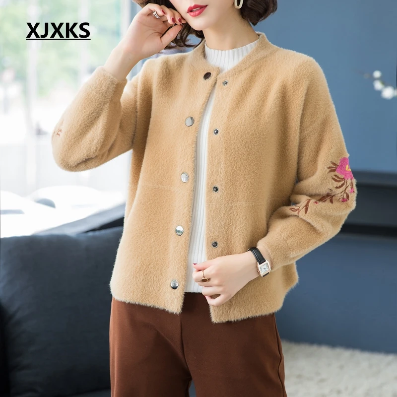 

XJXKS Winter 2019 Women Cardigan Coat Emboridery Elegant Cashmere Coat Women Long Sleeve Furry Sweater Women Sweater Coats