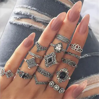 

15 Pcs/set Bohemian Retro Crystal Flower Leaves Hollow Lotus Gem Silver color Ring Set Women Wedding Anniversary Gift