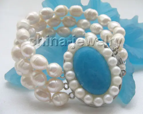 

Beautiful 3row 8" 10-12mm natural white baroque freshwater pearl bracelet-blue @^Noble style Natural Fine jewe SHIPPING new >>fr