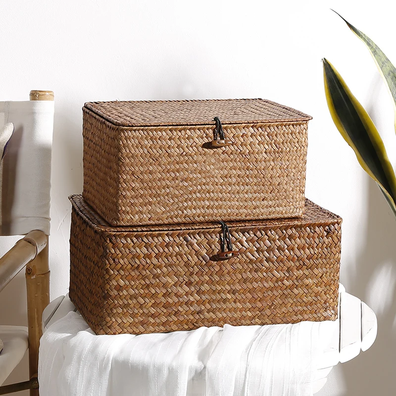  Handmade Seagrass Woven Storage Box Seaweed Storage Finishing Basket with Lid Sundry Bath Cosmetic 
