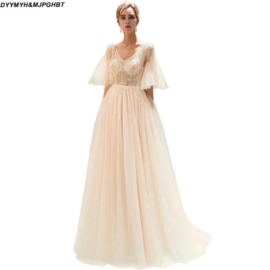 

Illussion Sheer V Neck Evening Dresses Bubble Short Sleeve Elegant V Back Crystal Champagne Robe de Soiree