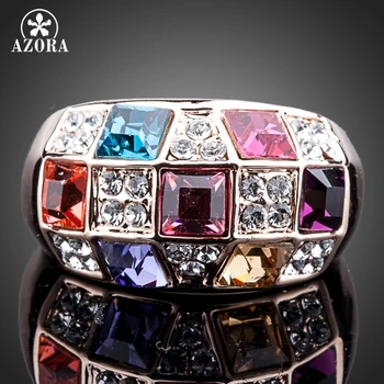 

AZORA Checkered Style Rose Gold Color Gorgeous Multi-color Crystals Cocktail Ring TR0096