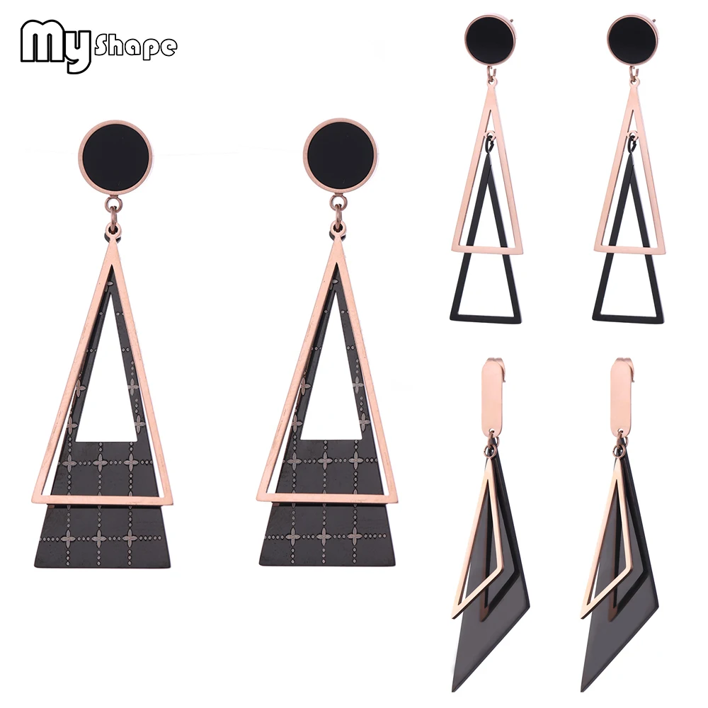 

My Shape Geometric Double Triangle Drop Earrings Stainless Steel Black Gold Lattice Mesh Hollow Vintage Earrings Women's Jewelry