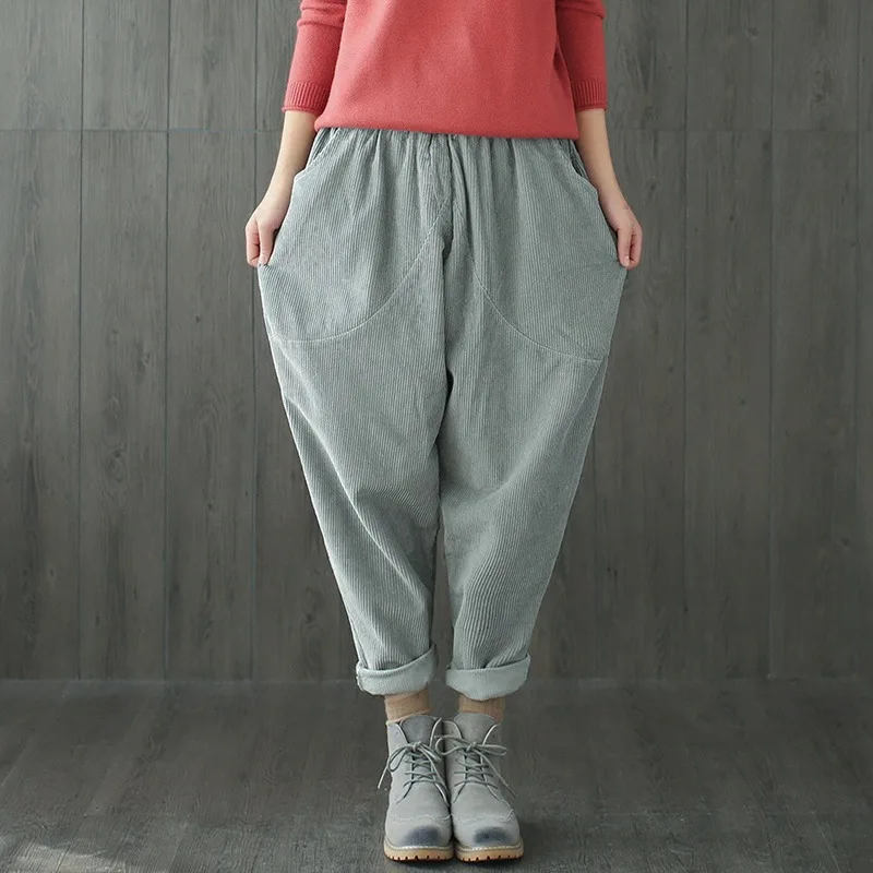 

Women Corduroy Elastic Waist Solid Color Pants Autumn Winter Casual Loose Trousers Female Retro Vintage Pants