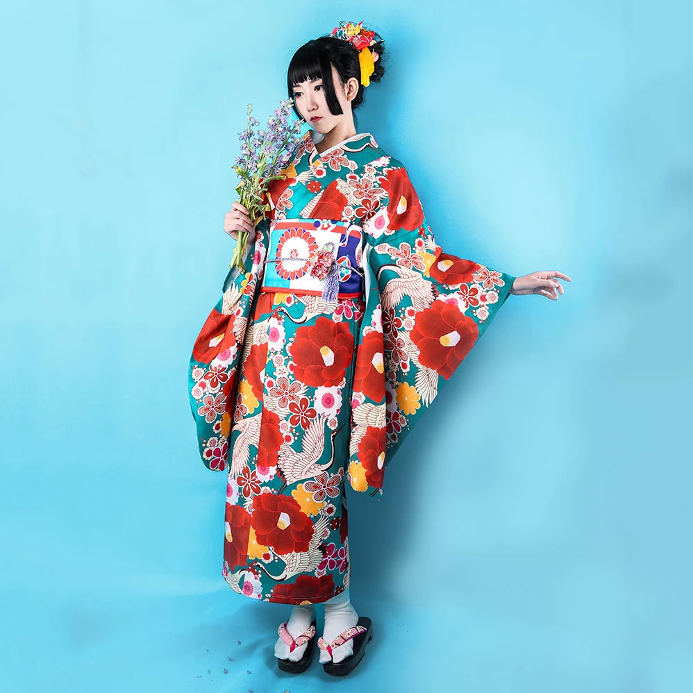

Japanese Style Women Print Flower Kimono Dress Traditional Geisha Performance Costume Elegant Long Sleeve Cosplay Costumes