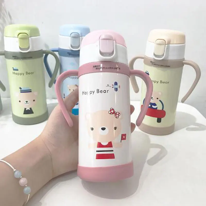 

Outdoor Kids Straw Vacuum Cup Creative Stainless Steel Thermos bottle 350ml Children Cartoon termos mug water bottle with handle