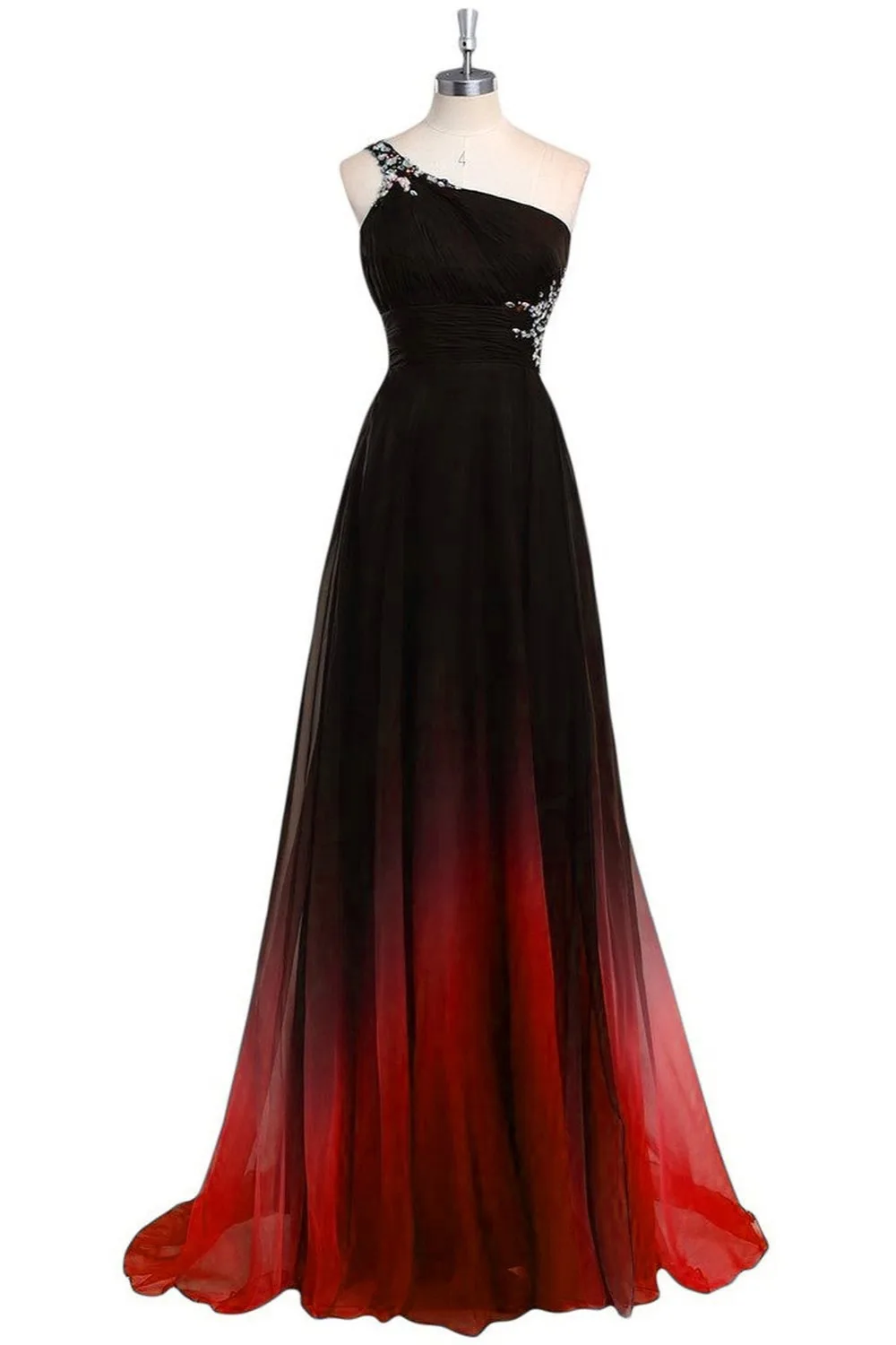 Ruthshen Вечерние платья Длинные одно плечо градиент черный красный бисером шифон платье для выпускного вечера дешево реальное фото Vestido Longo