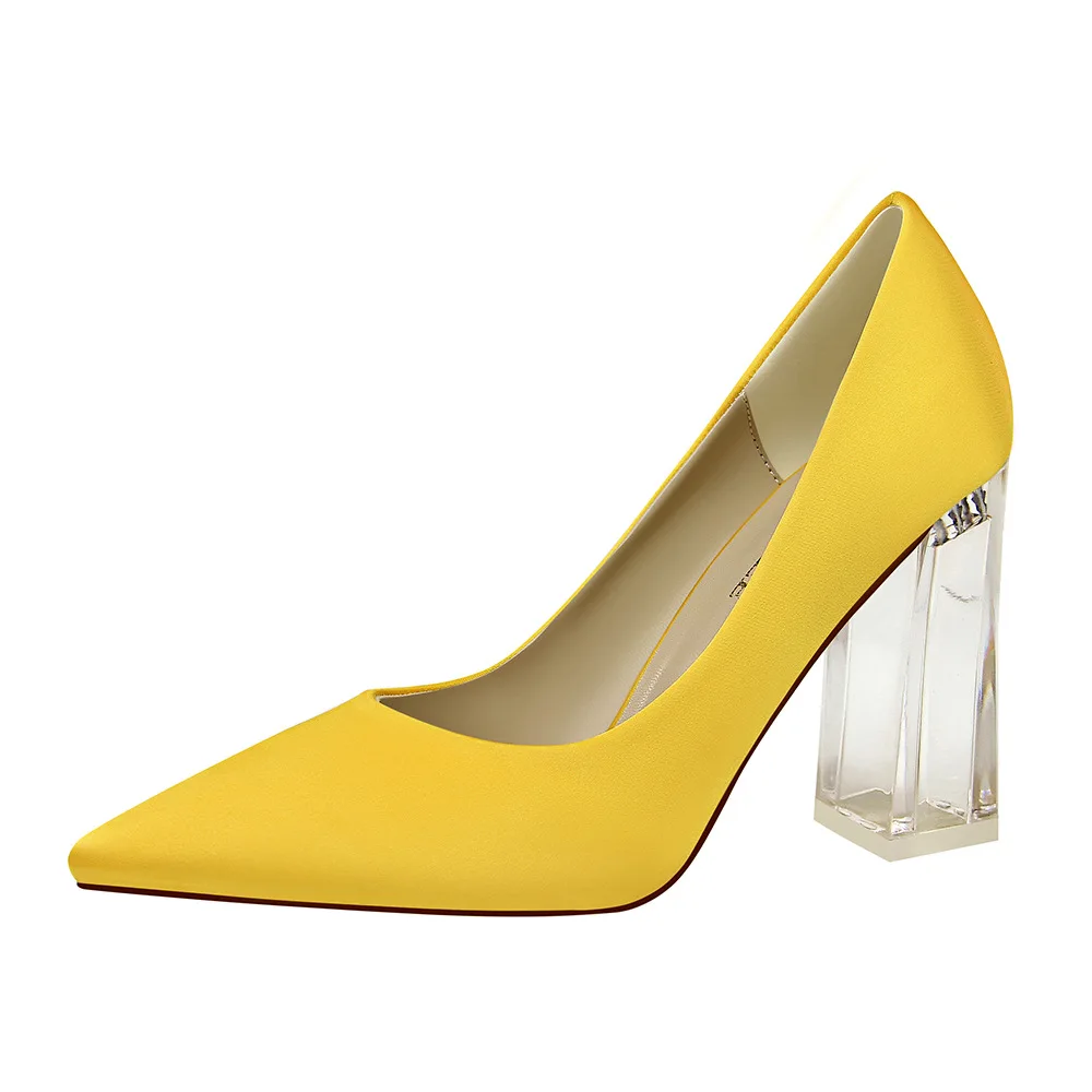 2018 Plus Size 43 Women Block 10cm High Heels Lady Scarpins Green Satin Pumps Female Wedding Yellow Blue Silk Transparent Shoes