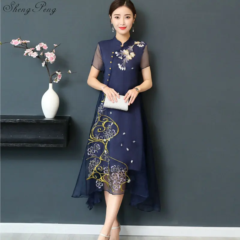 New Qipao Long Cheongsams Dress Chinese Traditional Dress Summer Flowers Vintage Oriental Robes V922