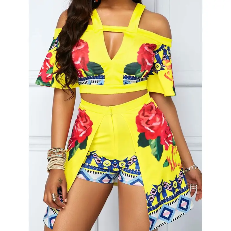 

Summer Sexy Club African Yellow Women Two Piece Sets Off Shoulder Tops Falbala Hollow Backless Ethnic Suit Floral Matching Sets