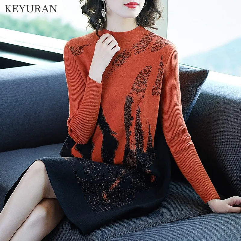 

Knitted Pullover Long Sweater Dress Women 2019 Solid Knitwear Spring Autumn Winter Turtleneck Print Ladies Elegant Knit Dresses