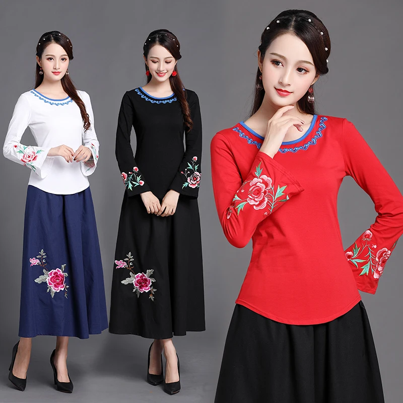 

2019 Women Autumn spring New Ethnic Female Embroidery Horn Long Flare Sleeve O-Neck Cotton T-shirt female lady Shirt tops