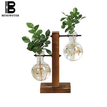 

Modern Vase Gardening Flower Plant Holder Pot Home Decoration Crafts Natural Wood Transparent Glass Hydroponics Scindapsus Vases