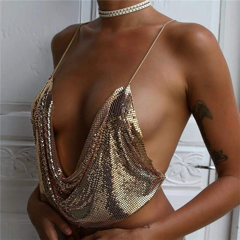 

Deep V Umbilical Hanging Neck Vest Sexy Women's Vest Beach Party Tank Top Low-cut Halter Metal Sequined Tether Strap