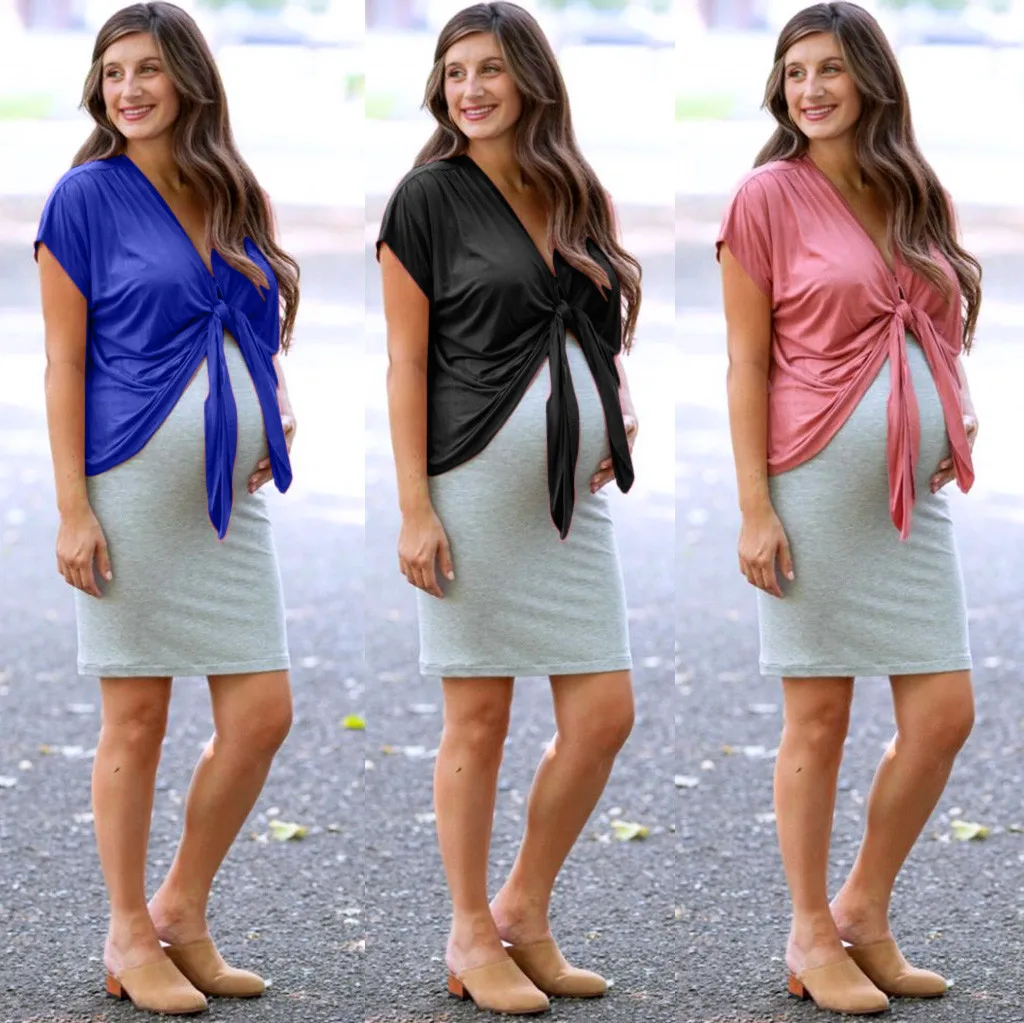 

2PC Women Loose Maternity Short Sleeve Bandage Pregnant Tops+Dress Set Suit Maternity Dresses For Photo Shoot Pregnant Dress