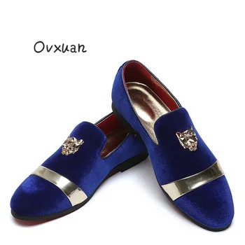 

Ovxuan Fashion men party and wedding handmade loafers men velvet shoes with tiger Head and gold buckle men dress shoes men flats