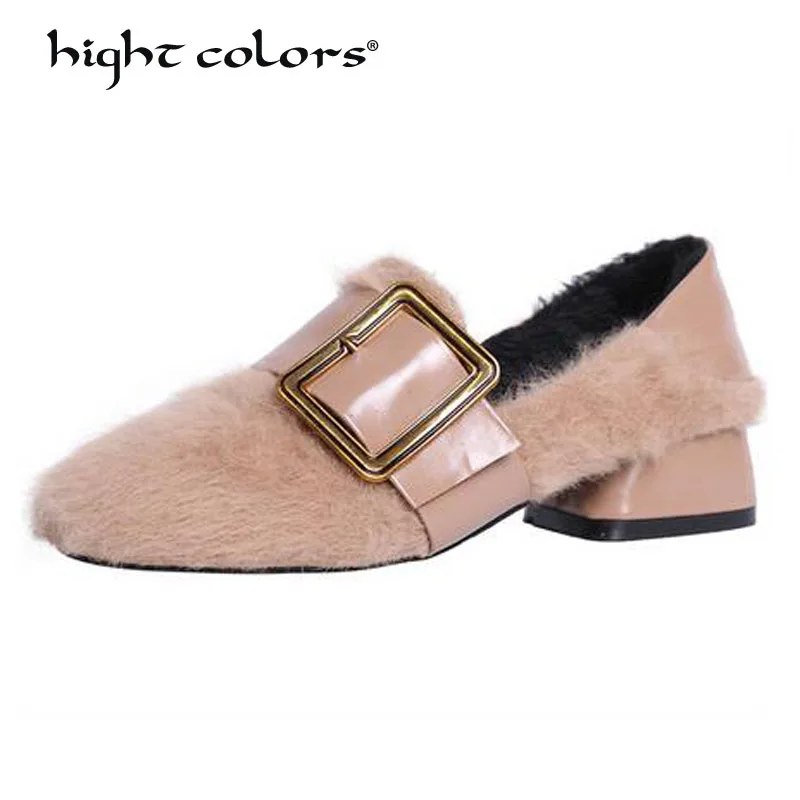 

Fashion Lady's Office Short Plush Winter Shoes Black Camel Flock High Heels Pumps Large Size Female 2018 Buckle Pumps