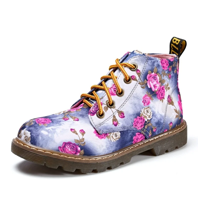 

Floral Printed Martin Boots Soft Sole Ankle Boots Lace up Platform Shoes Woman fashion High shoes