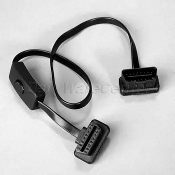 

60cm Car Diagnostic OBD2 OBDII 16 Pin Male To Female Flat Extension Cable + Power Switch Right-angle Elbow Flat Thin As Noodle