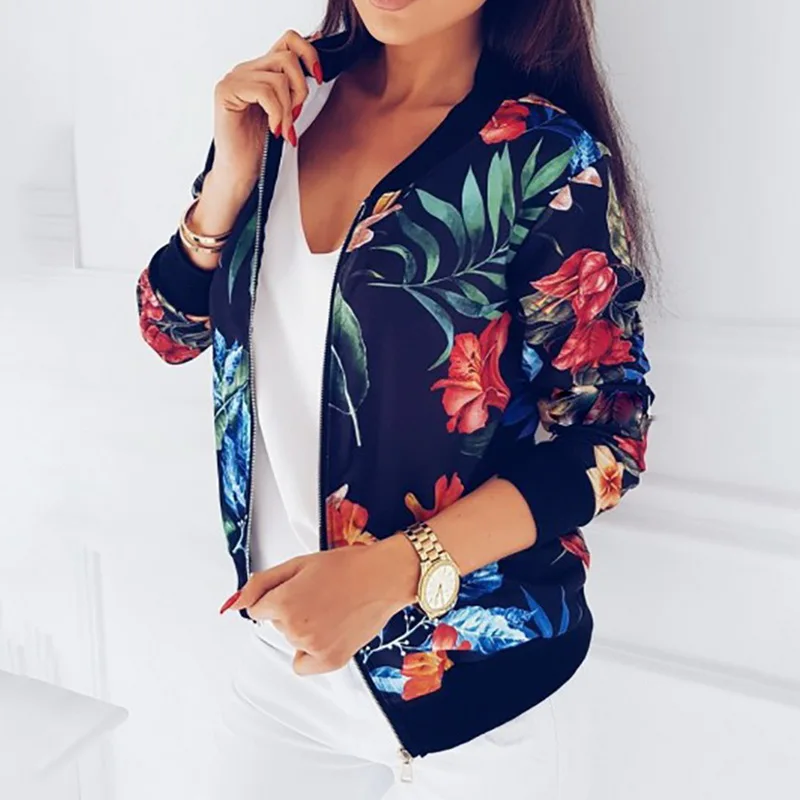 NIBESSER Jackets Women Short Jacket Vintage Floral Printed Long Sleeve Zipper  Autumn Coat Female Biker Streetwear Tops