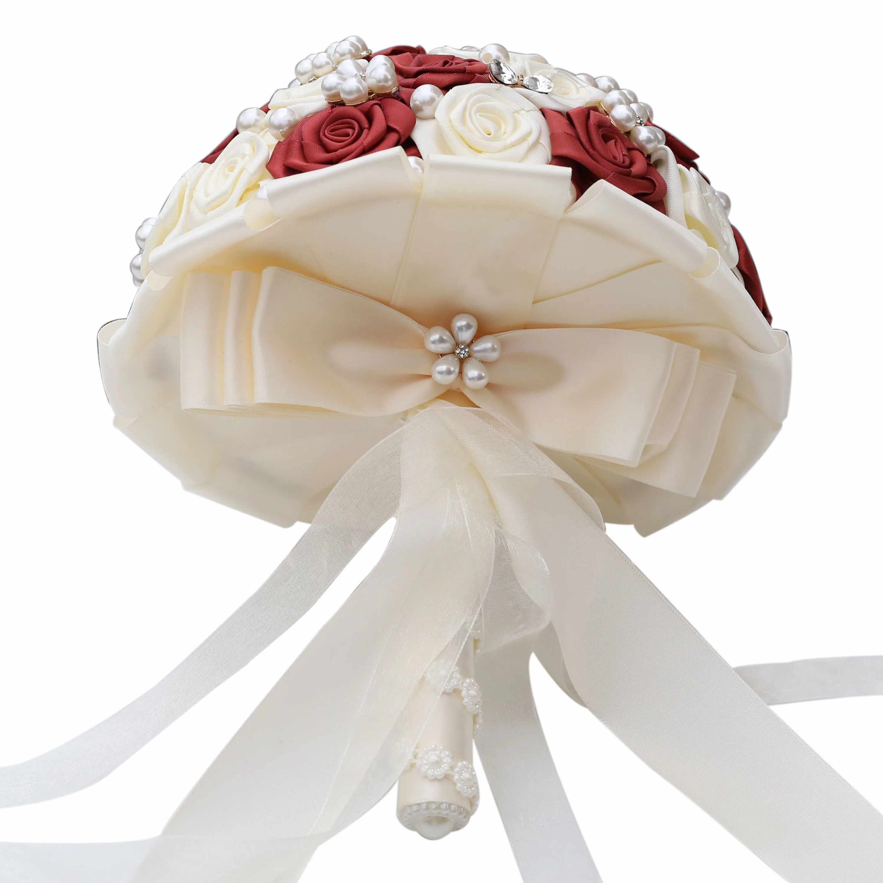21cm Customizable Artificial Pearls Crystal Wedding Bouquets Bridesmaid Hand Hold Flower Silk Ribbon Bridal Wedding Bouquet W128