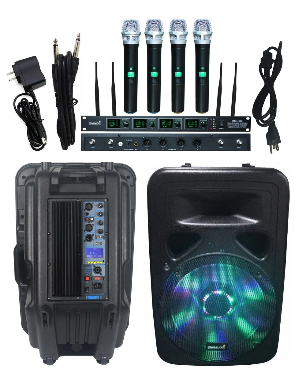 15 inch dj pa stage speaker 4ch uhf mic