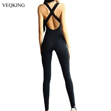 VEQKING женский черный набор для бега сексуальный v-образный вырез с открытой спиной бандажный комбинезон без рукавов спортивный костюм Фитнес Йога набор S-XL