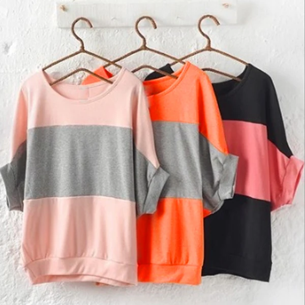 

Women Summer T-shirts Short Batwing Sleeves Round Neck Loose Patchwork Pullover Tops IK88