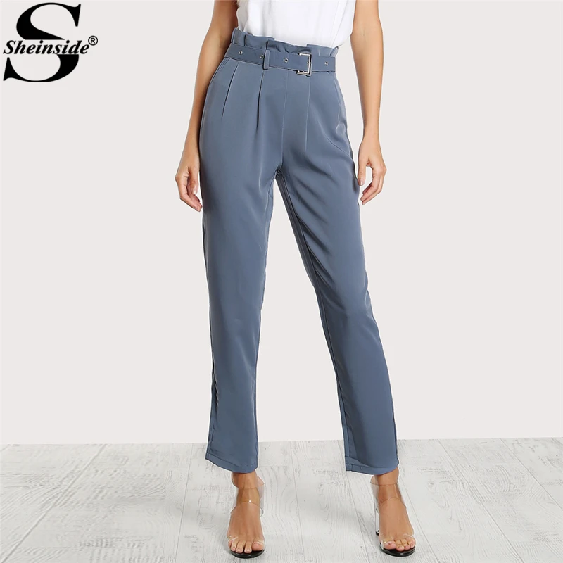 

Sheinside 2018 High Waist OL Style Pants Blue Pleated Tailored Pants With Buckle Belt Zipper Women Elegant Work Trousers