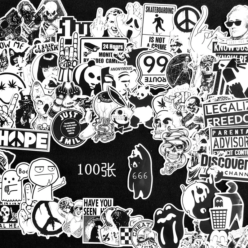 100 قطع الأسود والأبيض بارد ملصقات diy لل تزلج الجليد الثلاجة لعبة تصميم ديكور المنزل ملصقات الهاتف المحمول الأمتعة