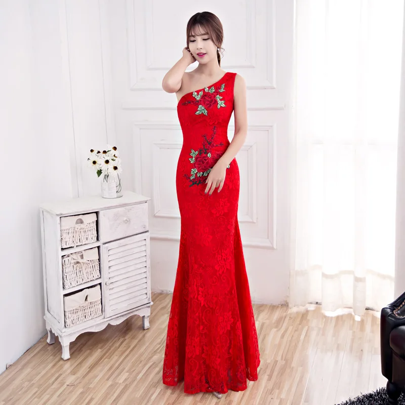 Одно плечо Sexy Lady полной длины платье с русалочкой красный 2019 Новая китайская Свадебная вечеринка невесты Qipao элегантный кружевной