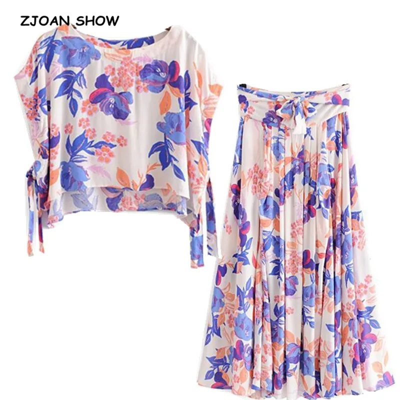 

2019 New Summer Cotton Flower Print Shirt Tide Bow Waist Swing Skirt Vintage Women Short sleeve Pullover Tee Tops 2 Pieces Set