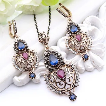 Ethnic Resin Hollow Flower Jewelry Sets Long Earrings Necklace Set Turkish Antique Gold Color Bijoux Arab Bride Resin Jewelry